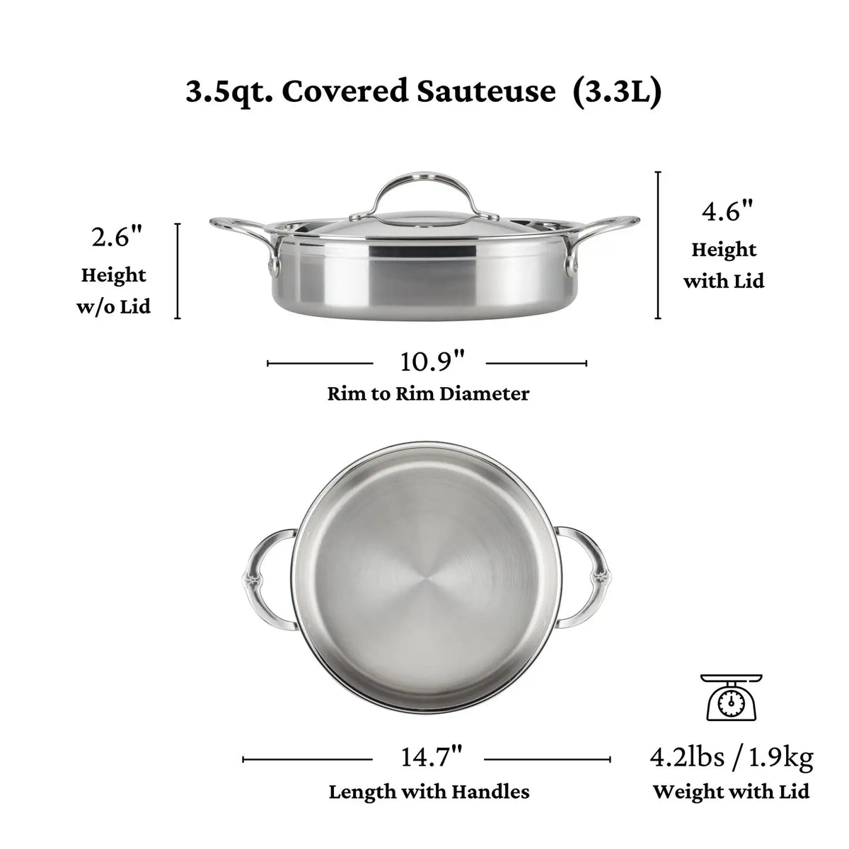 Image of a ProBond Professional Clad Stainless Steel Sauteuse with Lid, 3.5-Quart, handcrafted in Italy. It features a round lid and handles, 14.7 inches wide; side view dimensions are 4.6 inches with the lid, 2.6 inches without; tri-ply body weighing 4.2 lbs (1.9 kg).