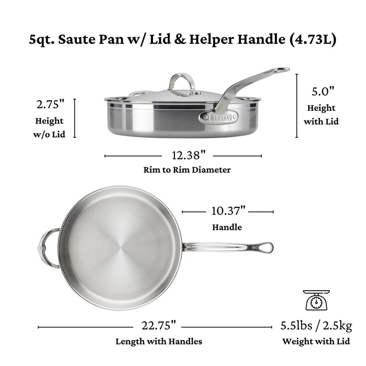 The image shows a ProBond Professional Clad Stainless Steel Covered Sauté Pan with a tri-ply body for even heat distribution. It includes a lid and helper handle, stands 2.75 inches high (5.0 inches with the lid), measures 22.75 inches long with handles, and weighs 5.5 lbs in total.