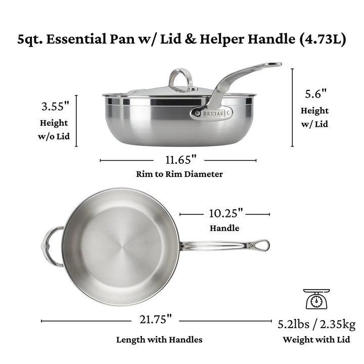 This image features the ProBond Professional Clad Stainless Steel Essential Pan with a tri-ply aluminum core. It has a 5-quart capacity, includes a lid and helper handle, measures 11.65 in diameter, is 3.55 tall (5.6 with the lid), 21.75 long with handles, and weighs 5.2 lbs.