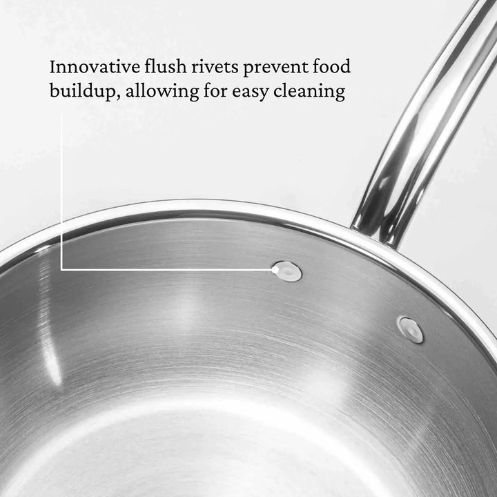 ProBonds Professional Clad Stainless Steel Essential Pans showcase innovative flush rivets for easy cleaning. The tri-ply aluminum core ensures even heating, and the pan shines brilliantly against a plain background.