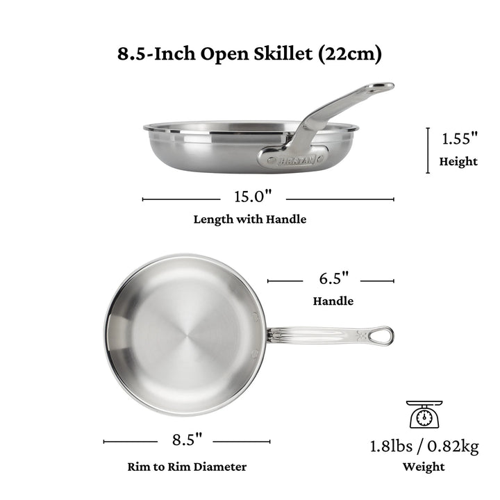 An image shows an 8.5 ProBond Professional Clad Stainless Steel Skillet with a tri-ply body, measuring 8.5 in diameter and 1.55 in height. The ergonomic handle extends its total length to 15, and it weighs just 1.8 lbs (0.82 kg).