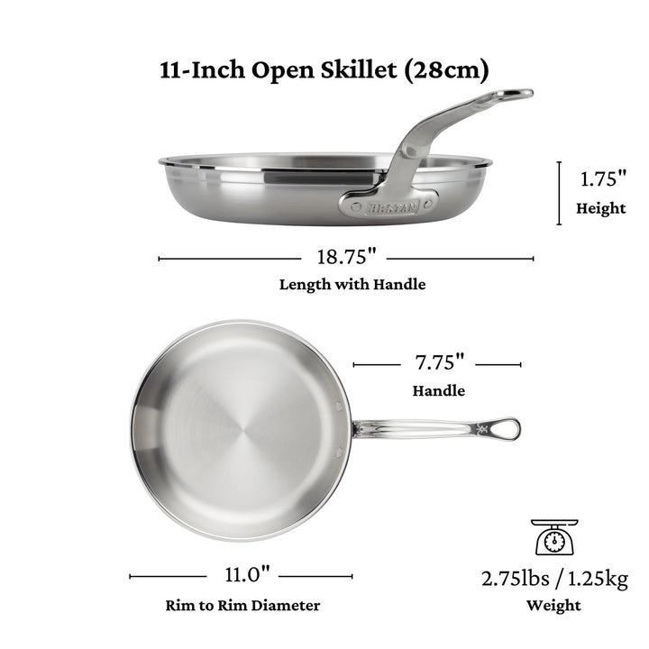 Image of an 11-inch ProBond Professional Clad Stainless Steel Skillet, featuring ergonomic handles and a tri-ply body. It measures 28cm in diameter, 1.75 inches high, spans 18.75 inches with the handle (7.75 inches long), and weighs 2.75 lbs (1.25kg).