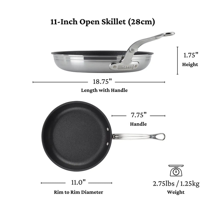 Illustration of an 11-inch ProBond Professional Clad Stainless Steel TITUM® Nonstick Skillet: measures 11 inches in diameter, 1.75 inches in height, and 18.75 inches overall length with its handle. Weighs only 2.75 lbs (1.25 kg).