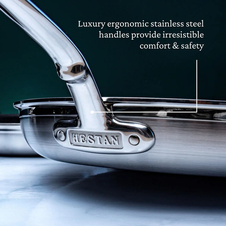 A close-up features a stainless steel cookware handle etched with ProBond Professional Clad Stainless Steel Skillet. Text reads, Luxury ergonomic stainless steel handles and tri-ply construction provide comfort & safety, set against a dark green background.