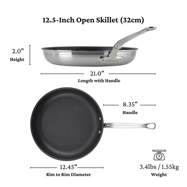 The image features the ProBond TITUM® Nonstick Skillet—an elegant 12.5-inch stainless steel marvel measuring 2.0 inches in height, with a 21.0-inch total length and an 8.35-inch handle, a rim diameter of 12.45 inches, and weighing only 3.4 lbs/1.55 kg.