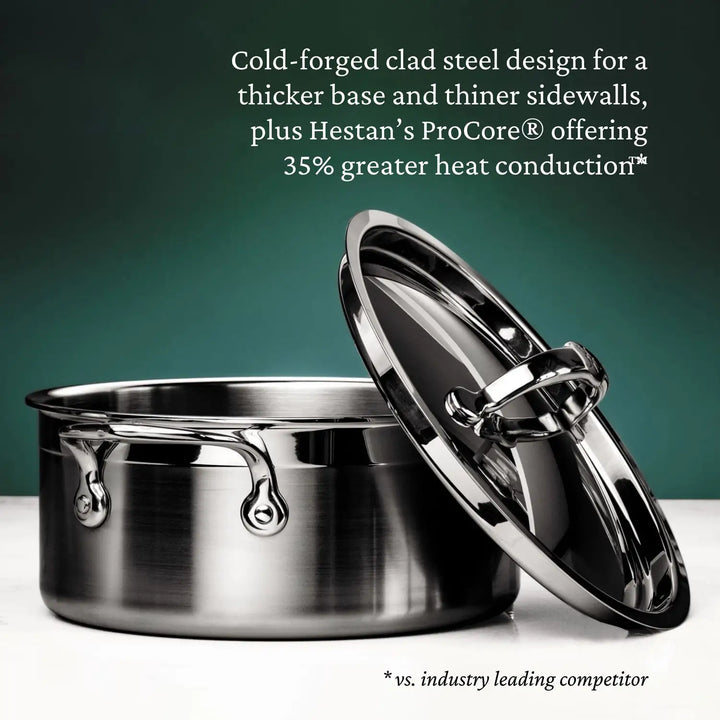 The ProBond Professional Clad Stainless Steel Soup Pot, 3-Quart, features an Italian handcrafted touch with ergonomic handles. Its cold-forged tri-ply body and thicker base ensure superior heat conduction, rivalling the industrys best.