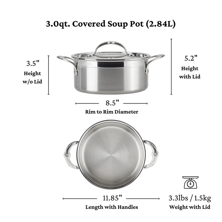 ProBonds Professional Clad 3-Quart Stainless Steel Soup Pot features a tri-ply body, 3.5-inch height (lid off), and 5.2 inches with lid. It has an 8.5-inch diameter extending to 11.85 inches with handles and weighs 3.3 lbs (1.5 kg).