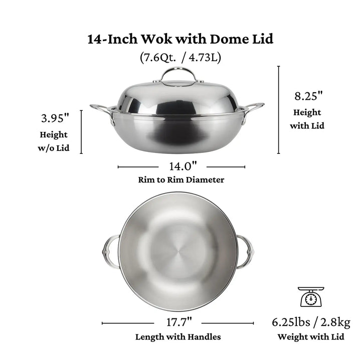 Image of a ProBond Professional Clad Stainless Steel Wok, 14-inch with tri-ply body and dome lid. It measures 17.7 inches handle to handle, and stands 8.25 inches tall with the lid (3.95 inches without). Weighs 6.25 lbs fully assembled.