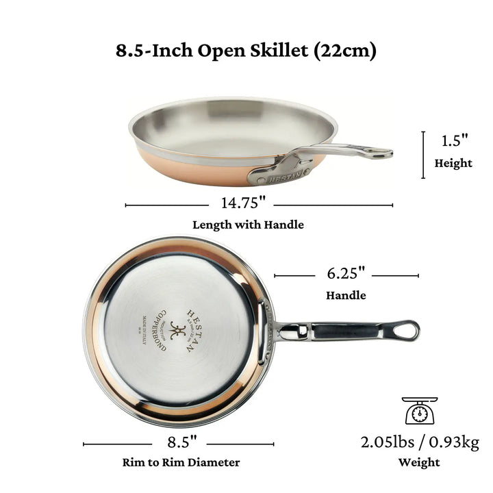 Photo of a CopperBond Copper Induction Skillet showing precise dimensions: 8.5-inch diameter, 14.75-inch total length including a 6.25-inch copper core handle, 1.5-inch height, weighing 2.05 lbs (0.93 kg).