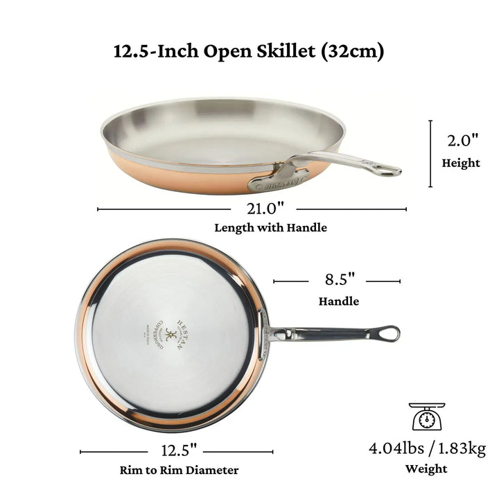 The image features a Copper Induction Skillet by CopperBond, noted for its copper core and induction compatibility. The skillet is 12.5 inches in diameter, extends to 21 inches with the handle, stands 2 inches tall, has an 8.5-inch handle length from the bottom view, and weighs a sturdy 4.04 lbs.