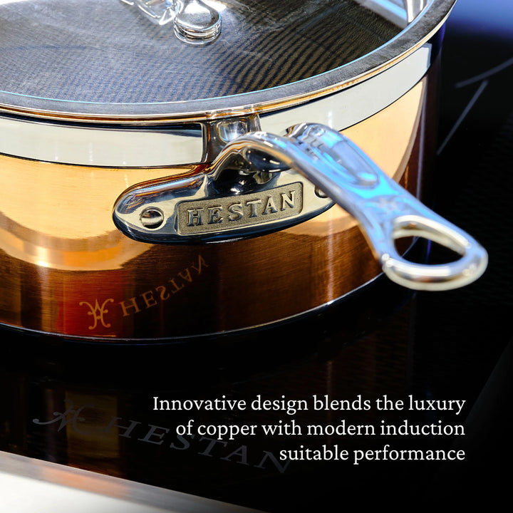 Close-up of the CopperBond Copper Induction Ultimate Set, 10-Piece—sleek copper-core cookware with metal handles and glass lids on an induction cooktop. Text: “Luxury copper meets modern induction performance.”.