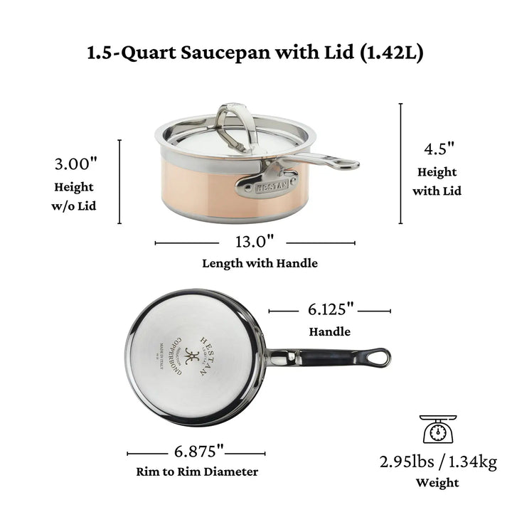 An image of a CopperBond 1.5-quart saucepan, ideal for induction use. It is 3 inches high without the lid and 4.5 inches with it, with a total length of 13 inches including the handle, which measures 6.125 inches. The saucepan has a diameter of 6.875 inches and weighs 2.95 pounds.