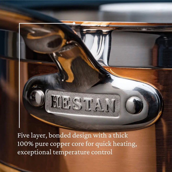 Close-up of a polished metal pot with a shiny copper band and CopperBond embossed on the handle. Text reads: Five-layer, bonded design with 100% pure thick copper core for quick heating and exceptional temperature control. Ideal as induction cookware or copper saucepan.