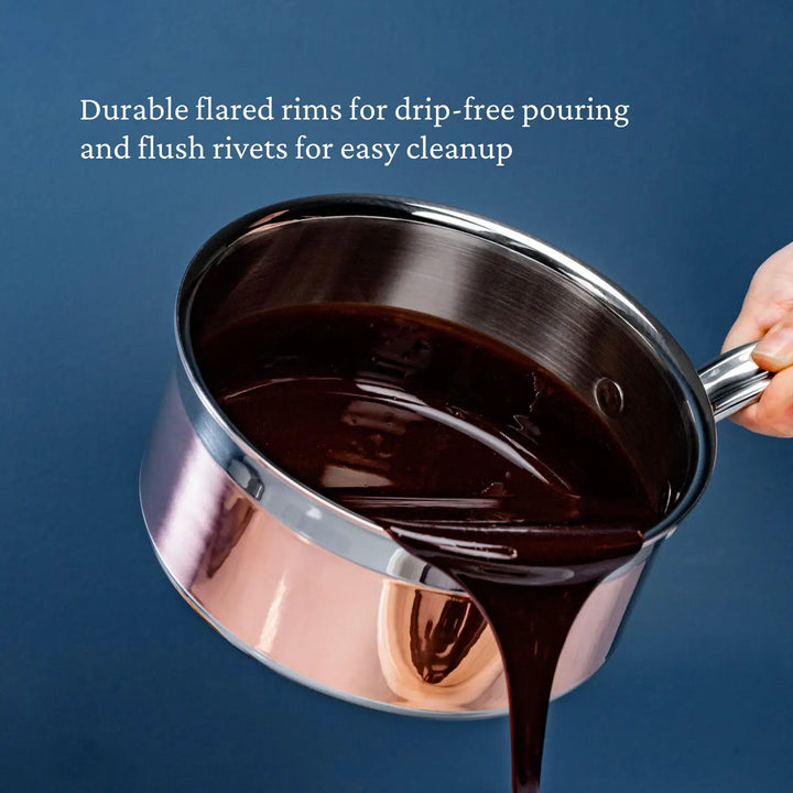 A hand holds a CopperBond saucepan with a copper finish, gently tilted to pour dark liquid, possibly chocolate. Text reads, Copper Induction Saucepans: Durable flared rims for drip-free pouring and flush rivets for easy cleanup, showcasing its ideal design and shining construction.