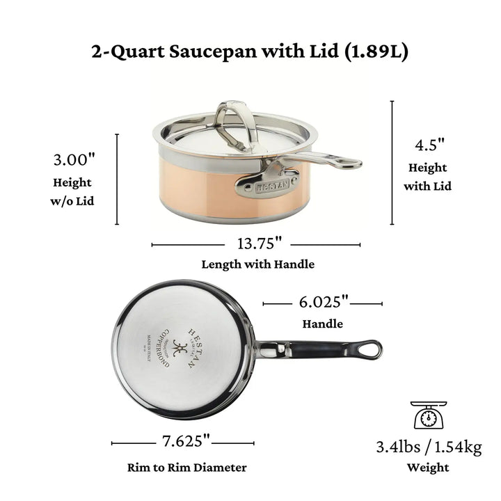 Image of a CopperBond Copper Induction Saucepan, 2-quart with lid: 3 tall without lid, 4.5 with lid, handle length of 13.75, and rim to rim diameter of 7.625. Weighs 3.4 lbs (1.54 kg).