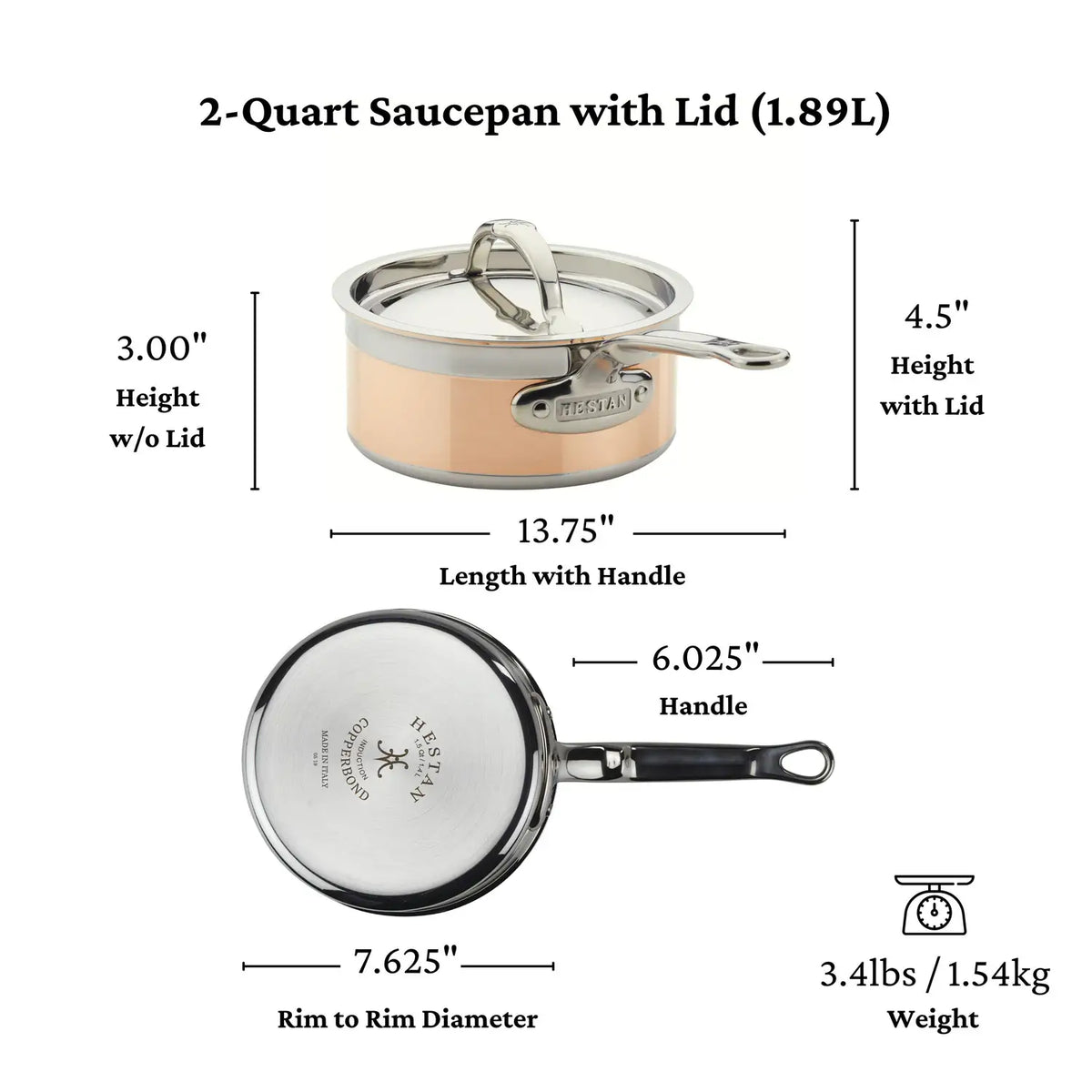 Image of a CopperBond Copper Induction Saucepan, 2-quart with lid: 3 tall without lid, 4.5 with lid, handle length of 13.75, and rim to rim diameter of 7.625. Weighs 3.4 lbs (1.54 kg).