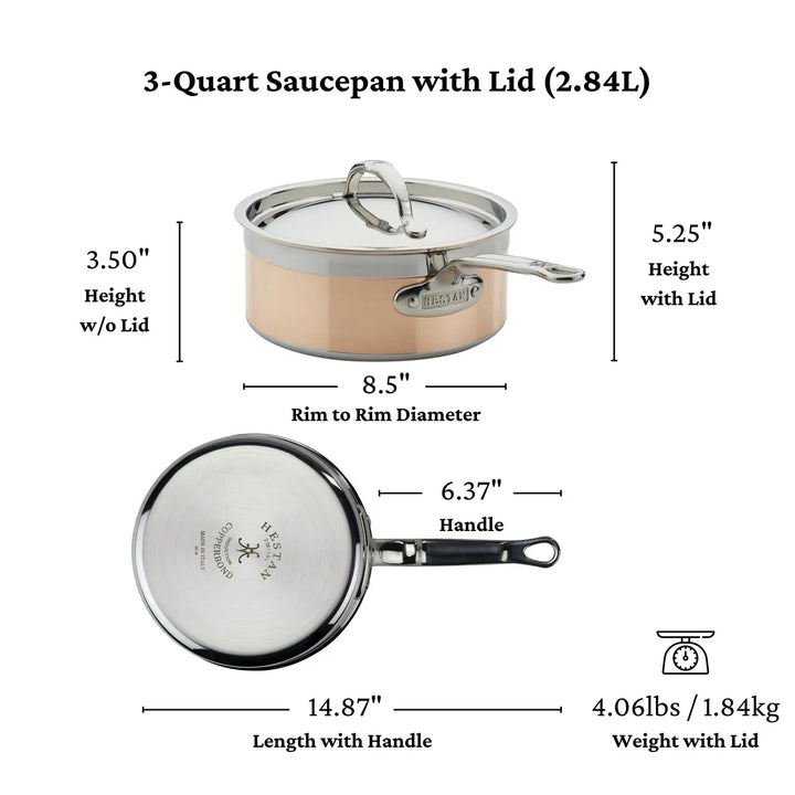 Illustration of the CopperBond Copper Induction Saucepans 3-quart saucepan with lid: measures 5.25 height with lid, 3.50 without, 8.5 diameter, handle length 6.37, total length with handle 14.87, weighs 4.06 lbs—perfect for induction cookware fans.