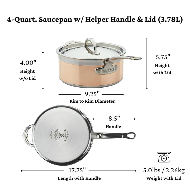 The CopperBond Copper Induction Saucepan is perfect for your kitchen, featuring a helper handle and lid. It measures a 9.25-inch diameter, 8.5-inch handle, and a total length of 17 inches. At 4 inches high without the lid and weighing just 5 lbs, it ensures easy handling while being induction-compatible.