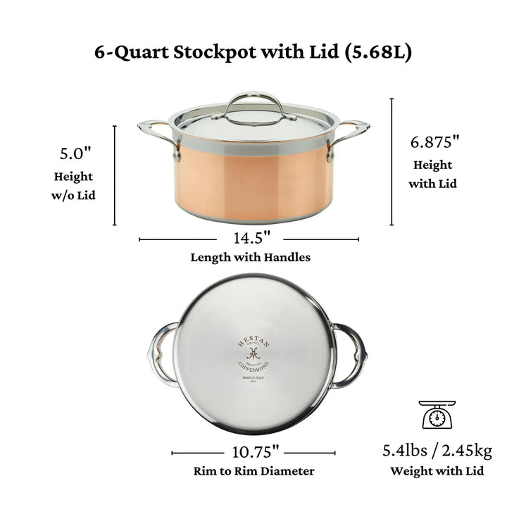 Image of a CopperBond 6-quart Copper Induction Stock Pot with lid, perfect for induction cooking. It measures 5.0 inches in height (6.875 inches with lid), 14.5 inches long with handles, and has a rim to rim diameter of 10.75 inches. Made with durable 5-ply construction, it weighs 5.4 lbs.