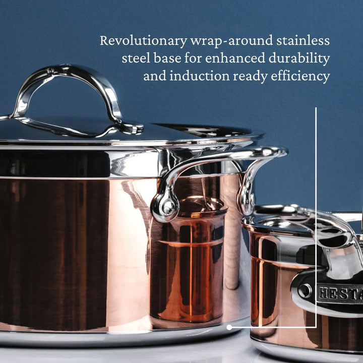 Close-up of two CopperBond Copper Induction Stock Pots, 6-Quart, with lids against a blue background. Text highlights: Revolutionary wrap-around stainless steel base for enhanced durability and induction compatible efficiency.