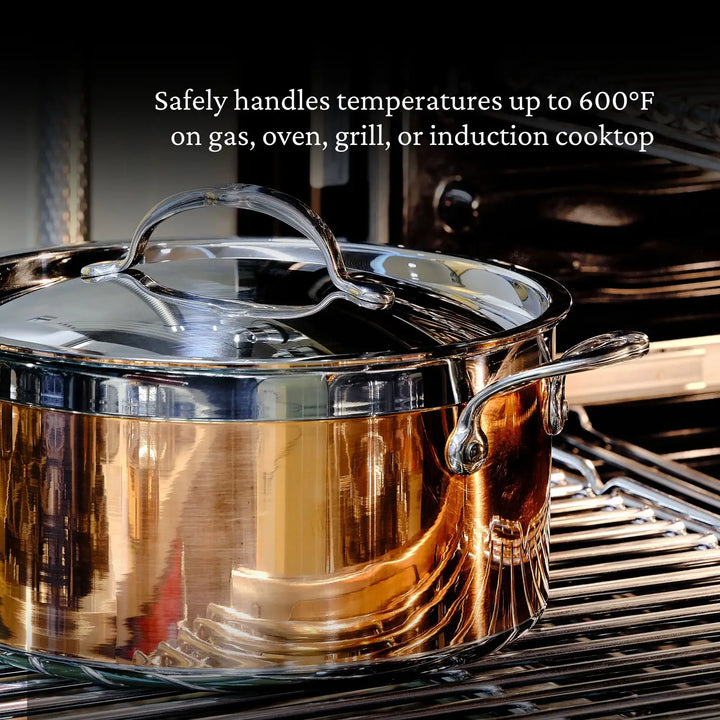 The CopperBond Copper Induction Stock Pot, 6-Quart, with a 5-layer stainless steel design, sits on an oven rack. Text above states: Safely handles temperatures up to 600°F on gas, oven, grill, or induction cooktop.