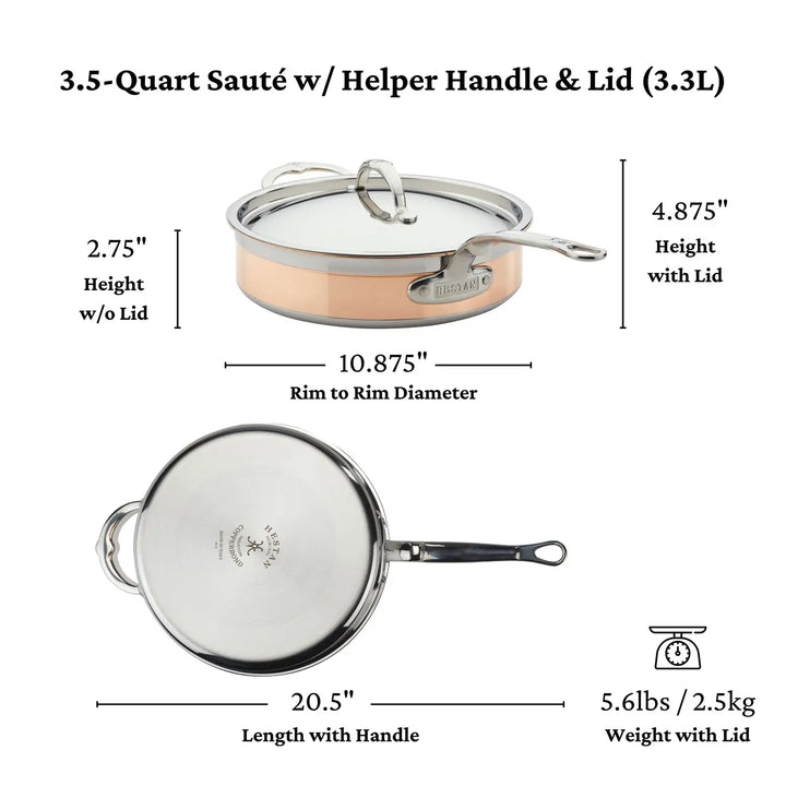 Image of CopperBonds 3.5-Quart Copper Induction Sauté Pan with 5-ply construction, featuring a helper handle and lid. Measures 2.75 high without the lid, 4.875 with it, 10.875 diameter, and a total length of 20.5. Weighs 5.6 lbs and is induction-compatible.
.