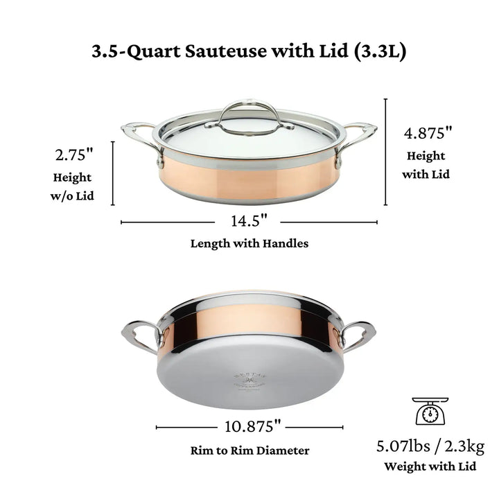 The CopperBond 3.5-quart induction-compatible sauteuse features a lid, measures 14.5 inches in length with handles, stands 4.875 inches high with the lid, has a rim-to-rim diameter of 10.875 inches when viewed from the bottom, and weighs 5.07 lbs (2.3 kg).