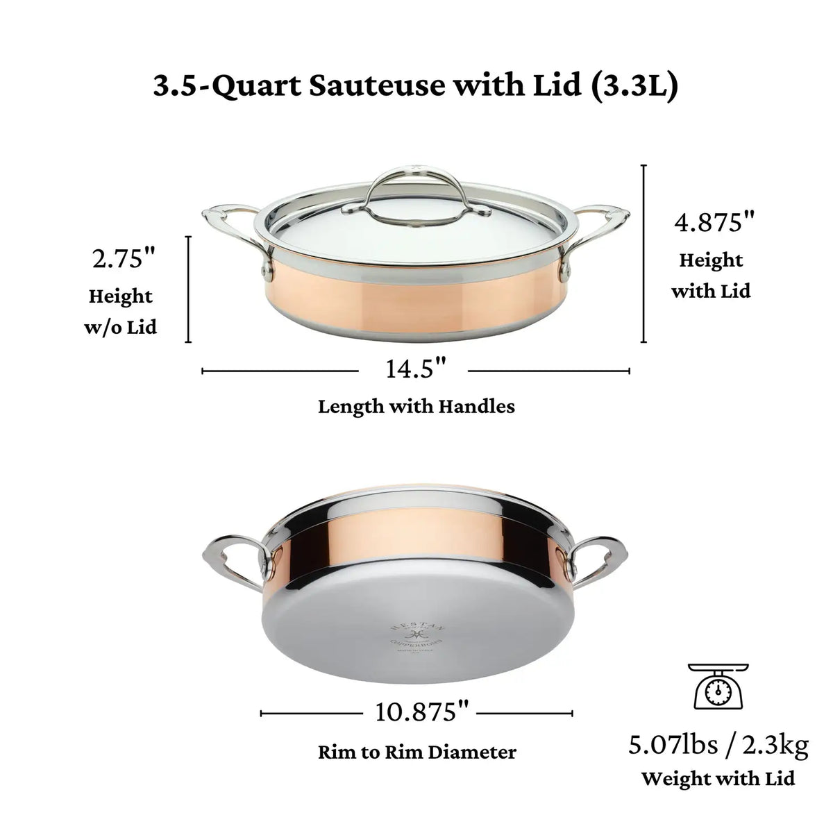 A CopperBond Copper Induction Braiser with Lid, 3.5-Quart, shown side and bottom. Features a copper core, is oven safe, and measures 14.5 with handles, 10.875 diameter, 2.75/4.875 height, and 5.07 lbs (2.3 kg) with lid.