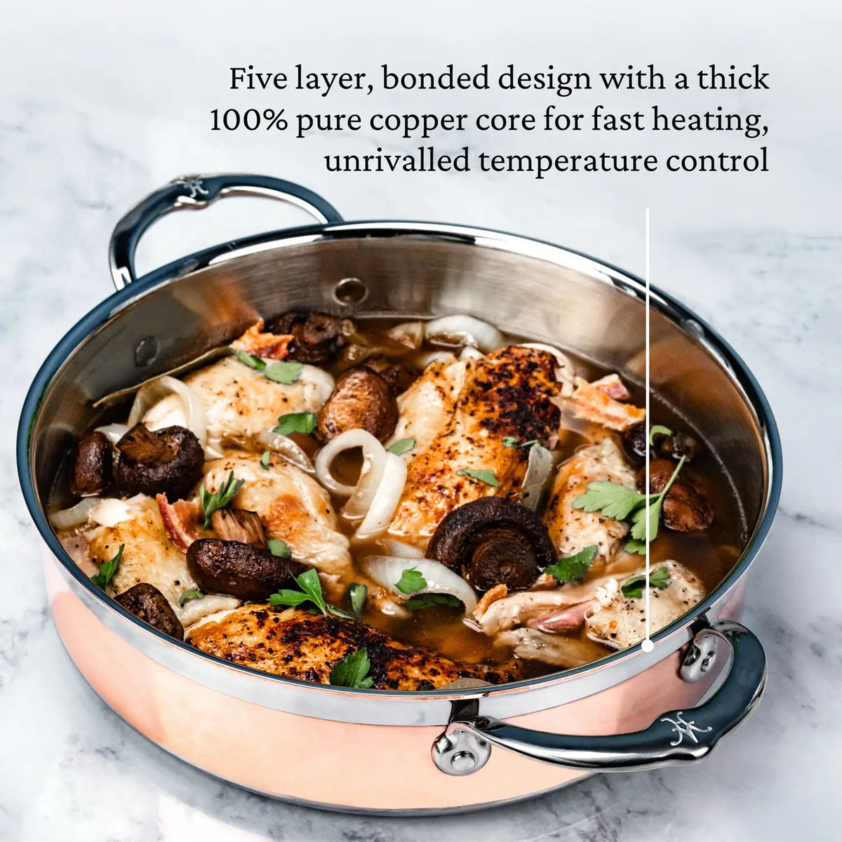 A CopperBond Copper Induction Braiser with Lid (3.5-Quart) sits on marble, filled with chicken, mushrooms, onions, and herbs. Text above highlights its five-layer bonded design and copper core for precise heat control.