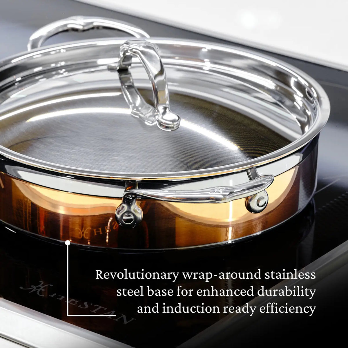 The CopperBond Copper Induction Braiser with Lid, 3.5-Quart, featuring a copper core, stainless steel base, and two handles, sits on a stovetop. Text highlights its durable build, oven-safe design, and induction cooktop compatibility.