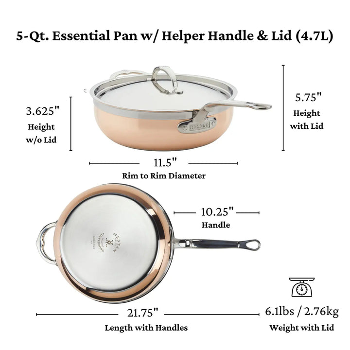 Check out CopperBonds Copper Induction Essential Pan, featuring a helper handle and lid. It ensures even heating with its sleek design, stands 3.625 without the lid (5.75 with), measures 11.5 in diameter, and weighs 6.1 lbs (2.76 kg).