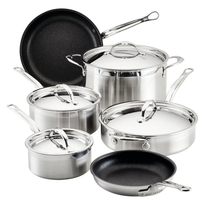 The ProBond Professional Clad 10-Piece Set features premium stainless steel cookware, including a TITUM® Nonstick and lid-equipped frying pan, two saucepans with lids, and a large pot with a lid. Elegantly displayed on a white background, it enhances any kitchen.