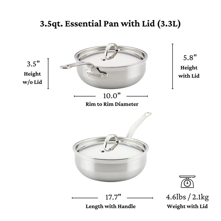 Image of a ProBond Professional Clad 3.5qt Essential Pan with Lid, crafted from stainless steel. Features include a tri-ply aluminum core, 3.5-inch height (5.8 inches with lid), 10-inch rim-to-rim diameter, 17.7-inch length with handle, and weighs 4.6 lbs or approximately 2 kg.