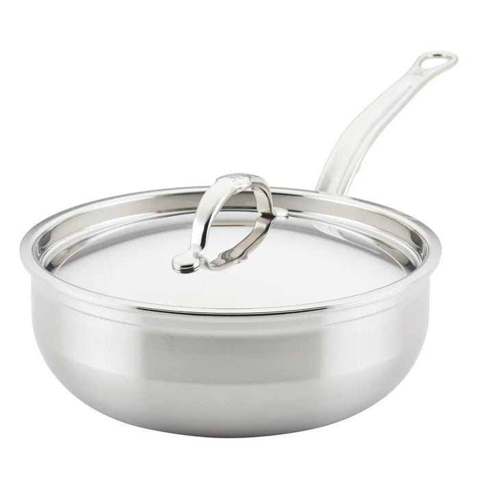 The ProBond Professional Clad Stainless Steel TITUM® Nonstick Essential Pan, at 3.5 quarts, features a long handle and fitted lid on a white background. The cookware gleams with a shiny finish, appearing brand new without visible marks or stains.