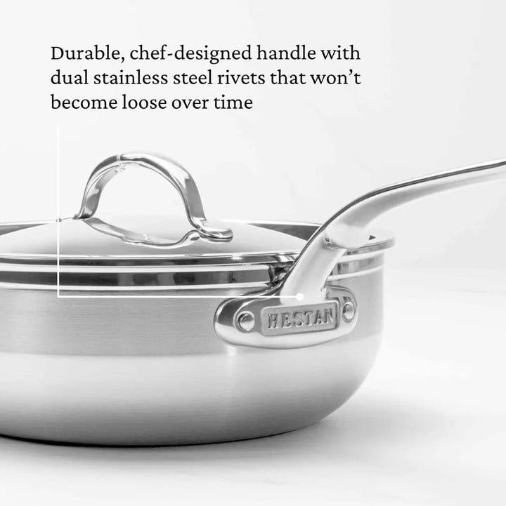 The ProBond 3.5-Quart TITUM® Nonstick Essential Pan features a stainless steel tri-ply body, durable chef-designed handle secured by dual rivets, and lid. The handles durability is emphasized against the white background with ProBond engraved on the side.