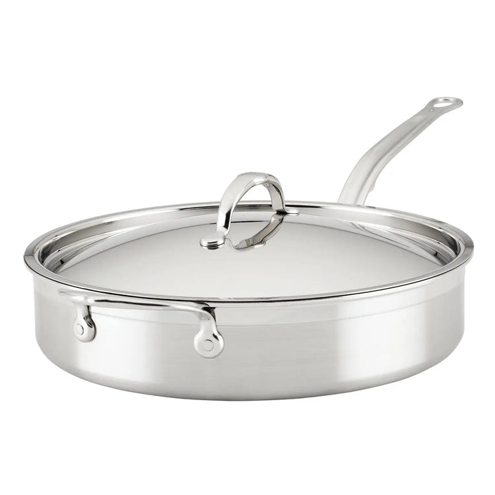 The ProBond Professional Clad Stainless Steel TITUM® Nonstick Sauté Pan with Lid, 5-Quart features a stainless steel design with a lid and curved handle. It boasts a shiny finish against a plain white background.