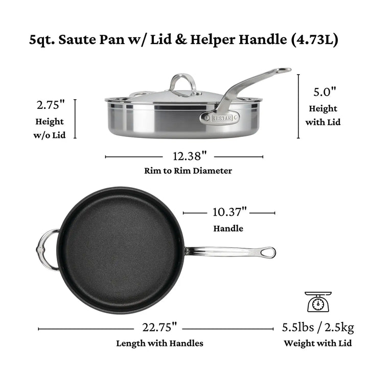 Diagram of a 5-quart ProBond Professional Clad TITUM® Nonstick Sauté Pan with lid and helper handle. It measures 2.75 H, 12.38 W, overall length 22.75, weighs 5.5 lbs, and features measurement labels for precision cooking.