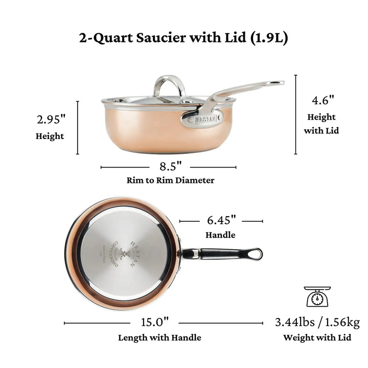 Image of the CopperBond Copper Induction Saucier Pan, 2-Quart with lid. Features: 2.95 height, 8.5 rim diameter, 4.6 with lid, and a total length of 15 (handle is 6.45). Weighs 3.44 lbs (1.56 kg) with lid and is induction compatible featuring the brand logo.