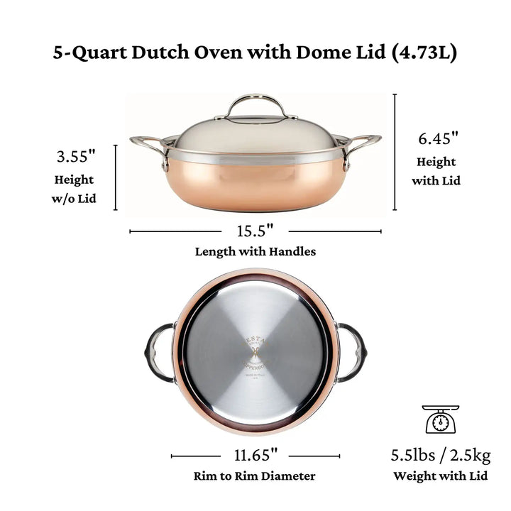 The image shows a diagram of the CopperBond 5-Quart Copper Induction Dutch Oven with a dome lid. It measures 15.5 inches long with handles, an 11.65-inch diameter, and a height of 6.45 inches with the lid or 3.55 inches without it, perfect for induction cooking.