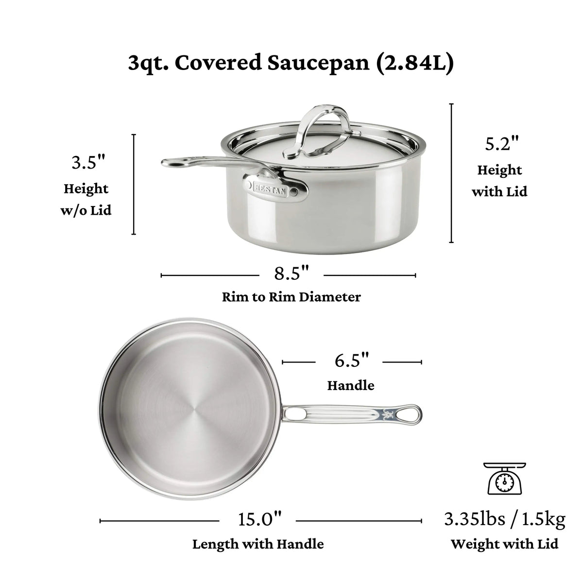 A ProBond® Luxe™ Polished Clad Stainless Steel Essential Set, 5-Piece, is shown with a saucepan from top and side angles. The 3-quart pan measures 8.5 diameter, 3.5 high (no lid), 15 total length, weighs 3.35 lbs, and has an induction-suitable design.