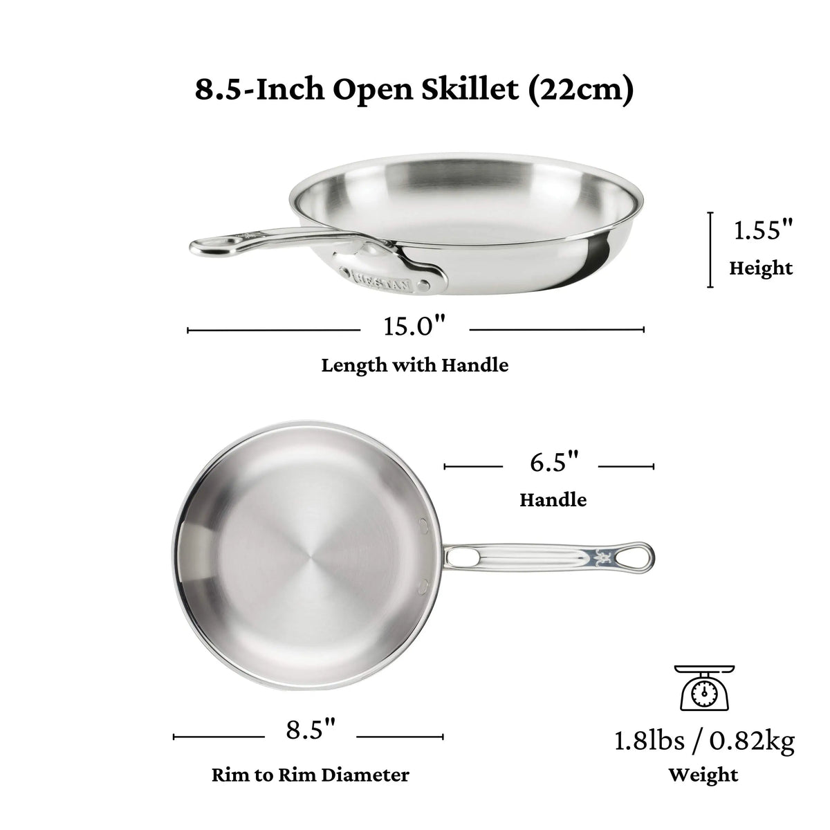 The ProBond® Luxe™ Polished Clad Stainless Steel Ultimate Set 10-Piece includes an 8.5-inch open skillet crafted in Italy, measuring 15 with handle, 8.5 diameter, 1.55 height, and weighing 1.8 lbs (0.82 kg).