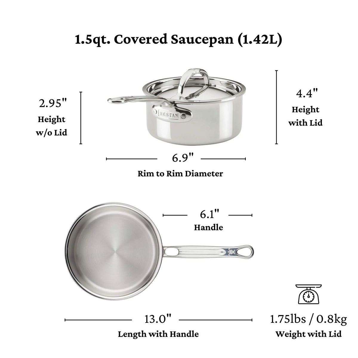 The ProBond® Luxe™ Polished Clad Stainless Steel Ultimate Set, 10-Piece, includes a 1.5-quart saucepan (6.9 diameter, 2.95/4.4 height w/o/with lid, 6.1 handle, 13 total length), weighing 1.75 lbs and crafted with Italian expertise.