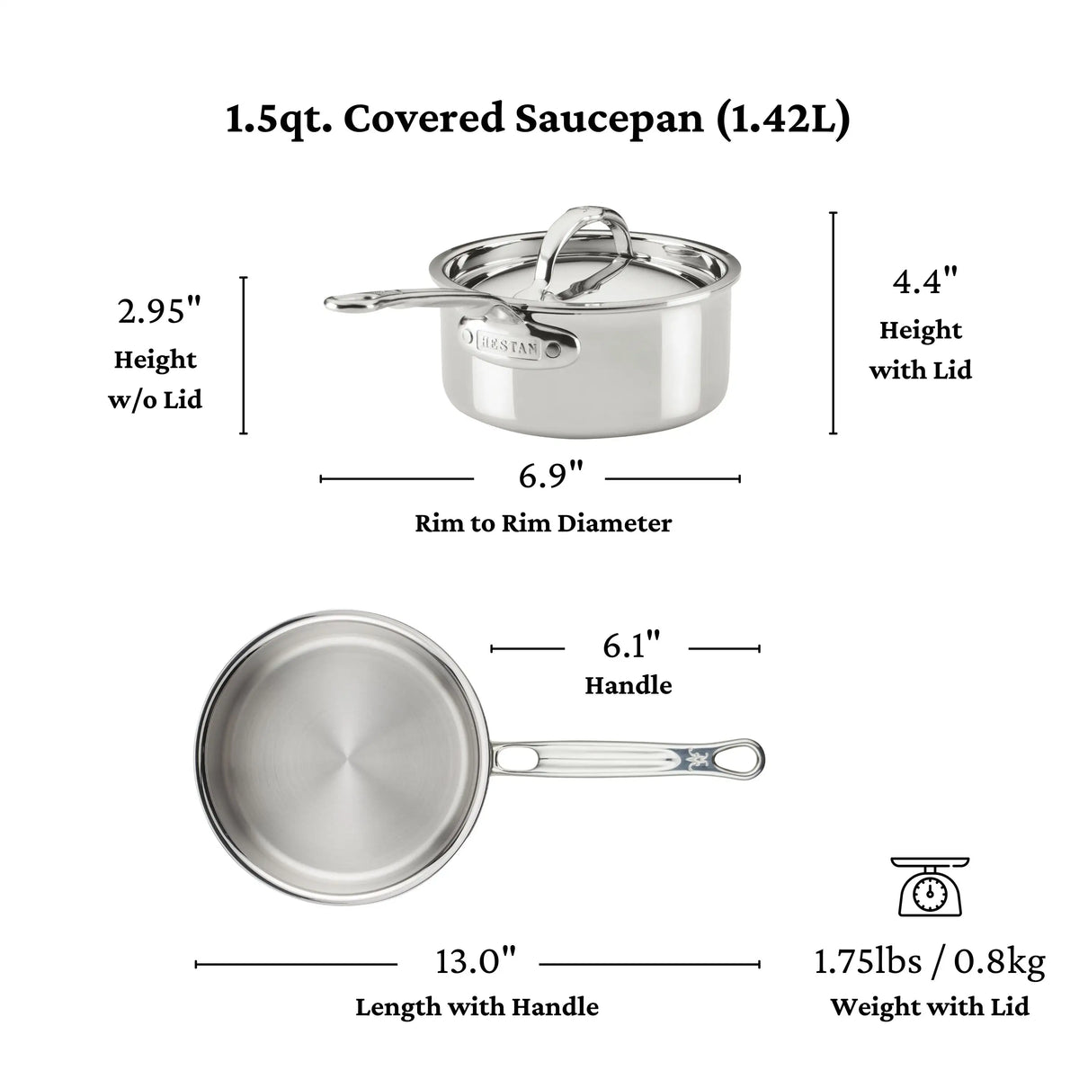 A ProBond® Luxe™ Polished Clad Stainless Steel Saucepans with Lid, 1.5-quart size, is shown from side and top views with labeled height, rim diameter, handle length, overall length, and weight with lid.