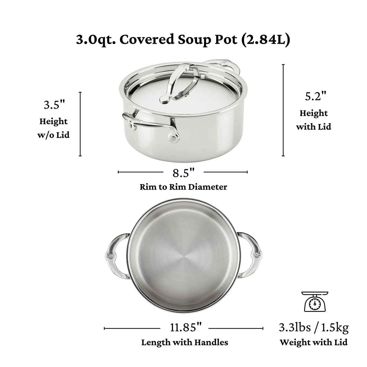The ProBond® Luxe™ Professional Clad Stainless Steel Soup Pot with Lid is shown from top and side views. Measurements: 3.5 height without lid, 5.2 with lid, 8.5 diameter, 11.85 with handles; weight: 3.3 lbs.