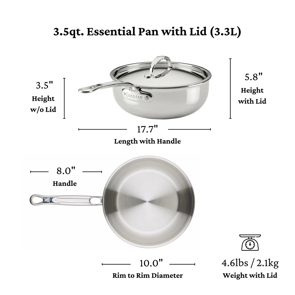 Diagram of a ProBond® Luxe™ Professional Clad Stainless Steel Essential Pan with Lid, labeled: 3.5 height without lid, 5.8 with lid, 17.7 length, weight 4.6 lbs; crafted with Italian craftsmanship.