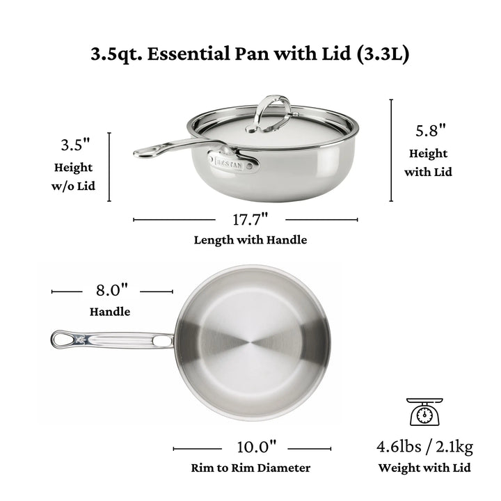 The ProBond® Luxe™ Polished Clad Stainless Steel Signature Set, 7-Piece, features tri-ply pans with lids, induction-ready, 17.7" long with handle, 10" rim, 3.5–5.8" high, 3.5 qt (3.3 L) capacity, and 4.6 lbs (2.1 kg) weight.