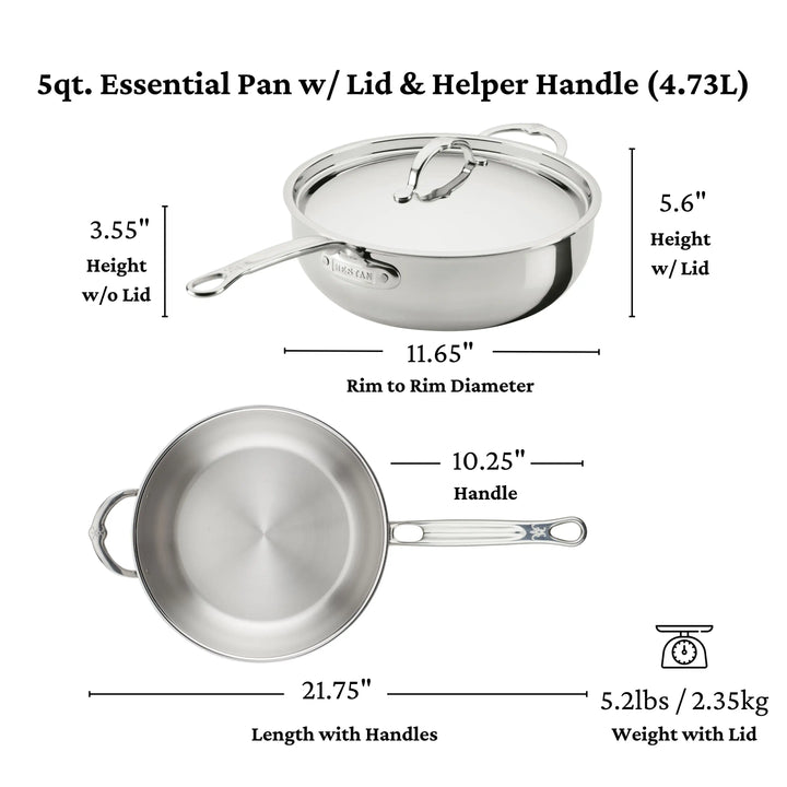 The ProBond® Luxe™ Polished Clad Stainless Steel Essential Pan with Lid features Italian craftsmanship, a main and helper handle, 11.65" diameter, 21.75" length with handles, 3.55" height without lid, and weighs 5.2 lbs.