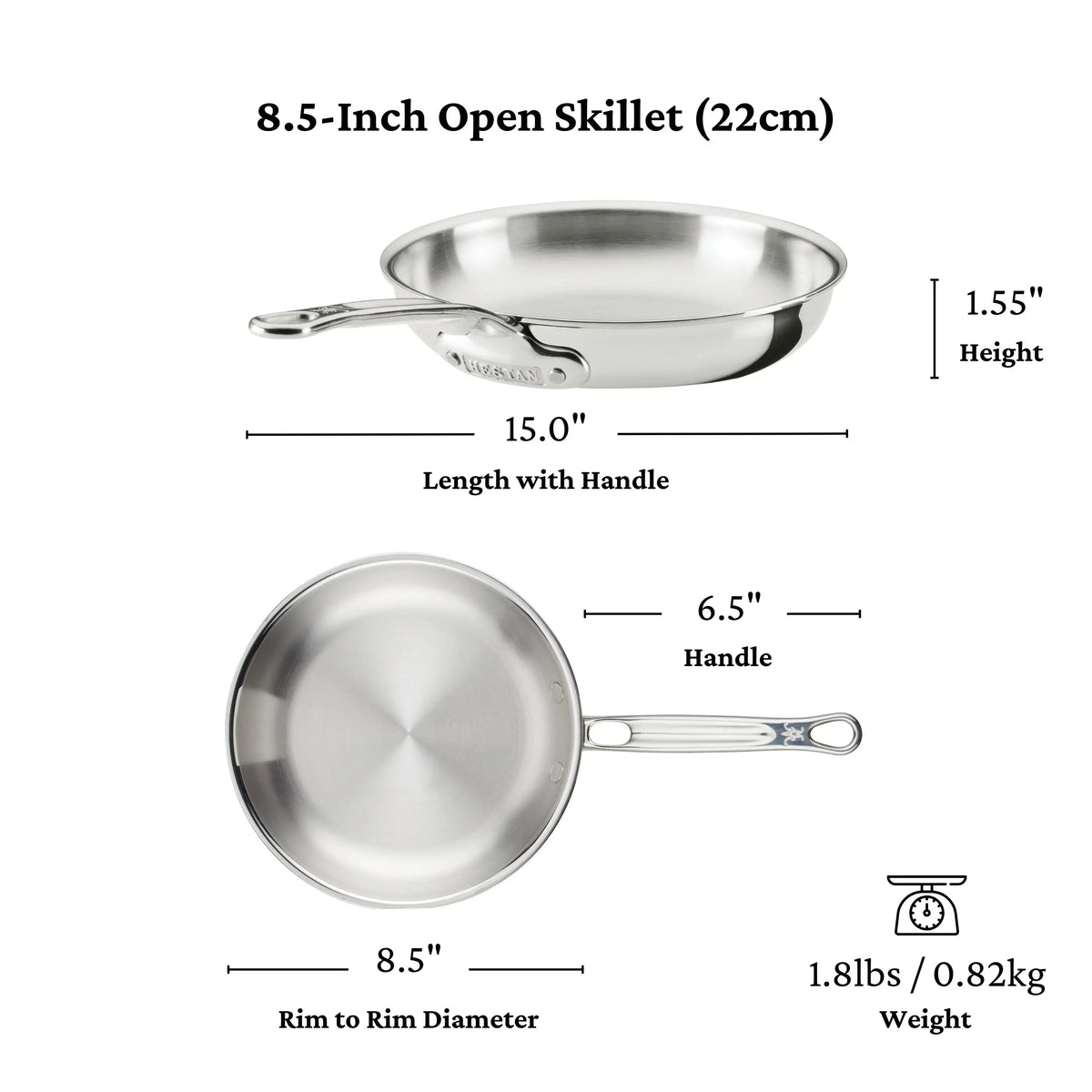 A ProBond® Luxe™ Polished Clad Stainless Steel Skillet is shown from the side and top, featuring an 8.5-inch diameter, 15-inch length with handle, 1.55-inch height, 6.5-inch handle, and weighing 1.8 lbs (0.82 kg).