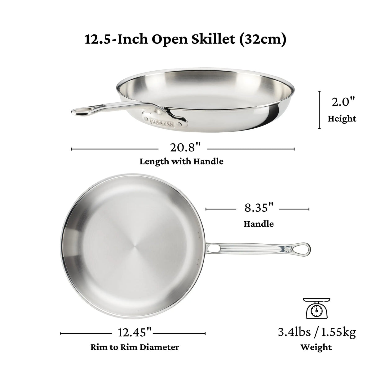 A ProBond® Luxe™ Polished Clad Stainless Steel Skillet, 12.5-inch, shown from side and top with labels: 20.8 length (with handle), 8.35 handle, 12.45 diameter, 2 height, and weighing 3.4 lbs—durable clad construction.