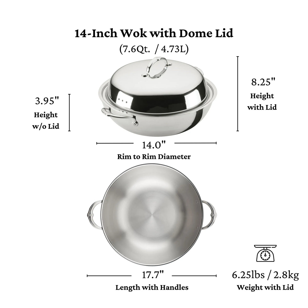 The ProBond® Luxe™ Polished Clad Stainless Steel Wok with Dome Lid, 14-Inch, is shown from the side and top. It has a 7.6 Qt capacity, Hestan ProCore aluminum core, measures 8.25 tall with lid, and weighs 6.25 lbs. Measurements shown.